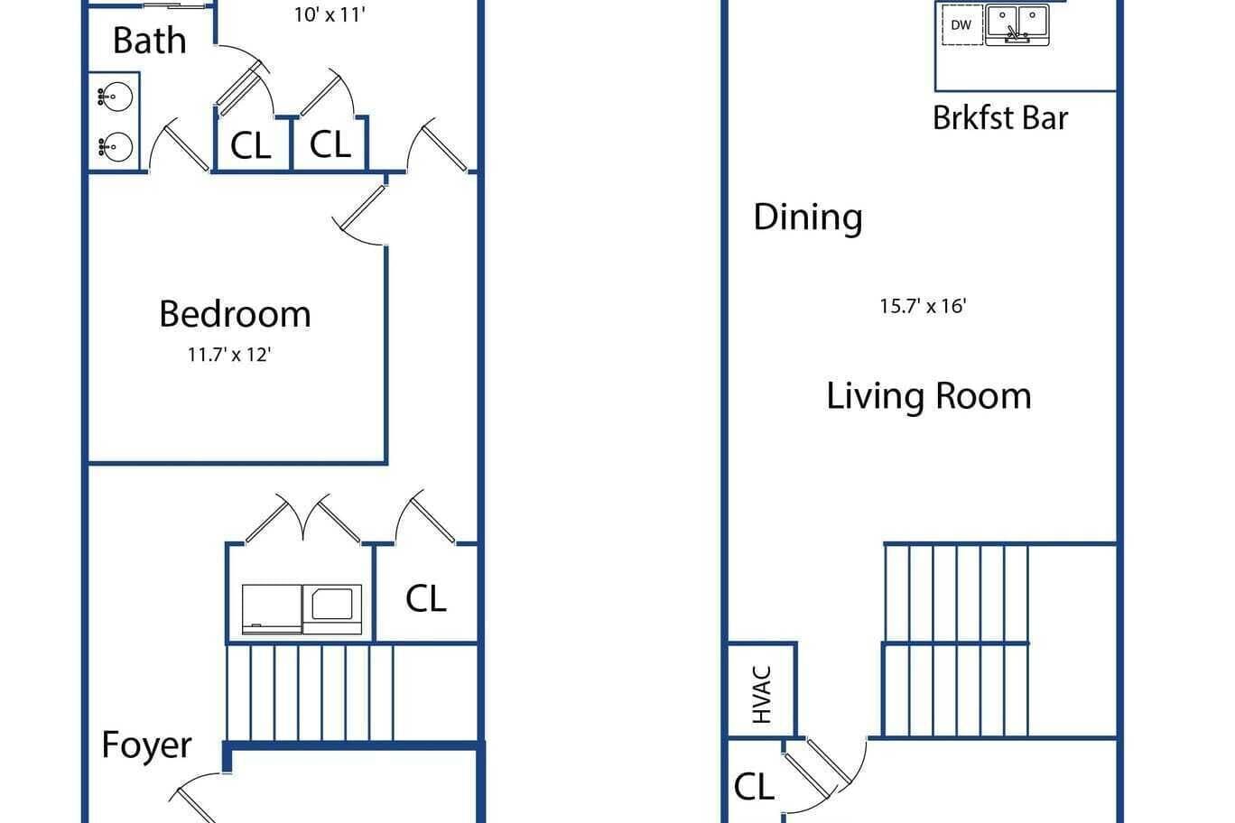 A floor plan of a hotel room with a bedroom, bathroom, foyer, dining area, living room, and kitchenette.