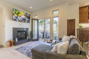 Smart TV, fireplace, table football, books