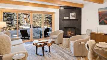 Televisión, chimenea, libros