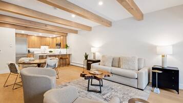 TV, fireplace, books