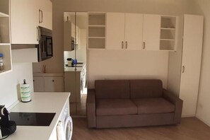 A compact living space with a kitchenette, a sofa, and built-in cabinets.