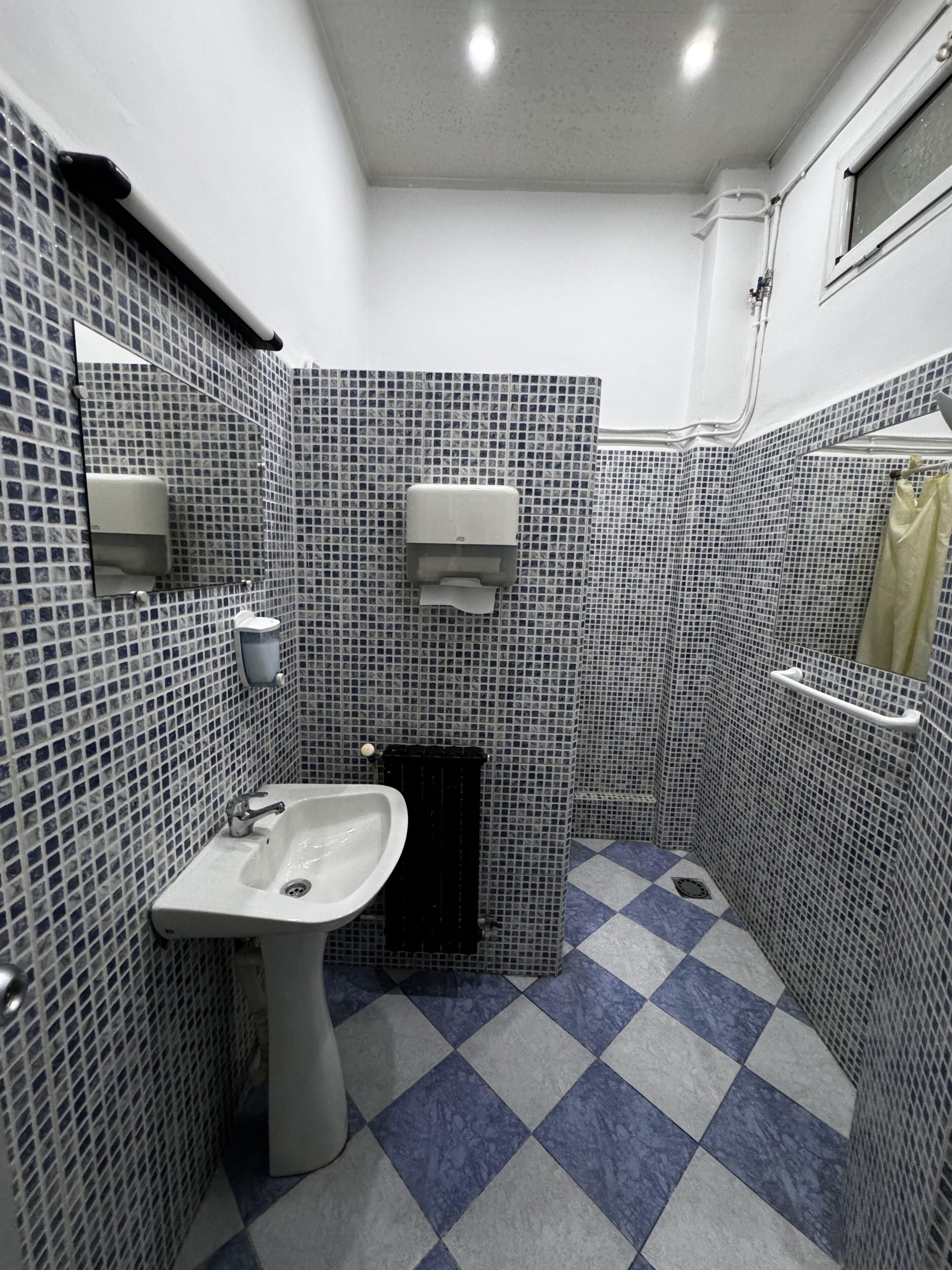 Un baño pequeño con lavamanos, inodoro y zona de ducha.