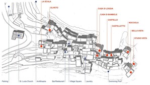 A detailed map of a historic town with labeled landmarks such as St. Lucia Church, Amfitheatre, and Villa Square. - Medieval Mountain Oasis With a Private G (Castelbianco)