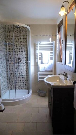 Shower, hair dryer, towels