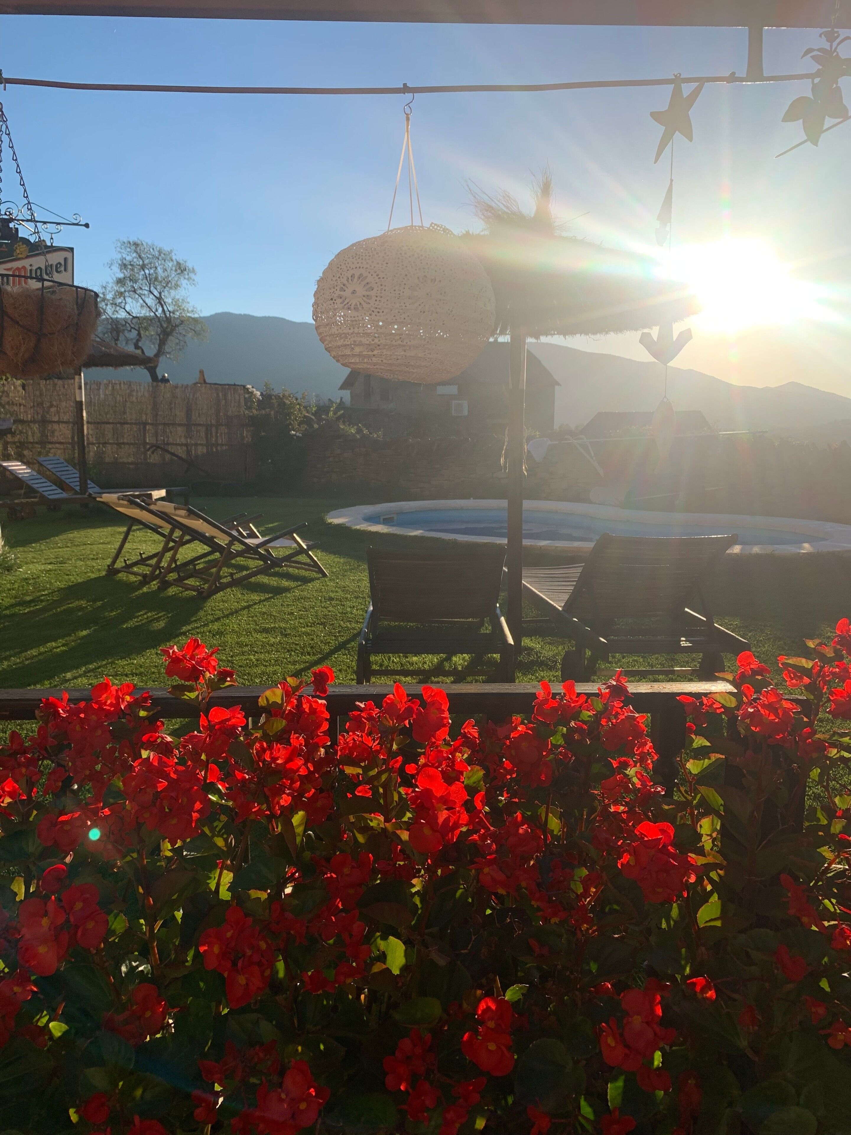 Un patio trasero con piscina, sillas de descanso y una lámpara colgante.
