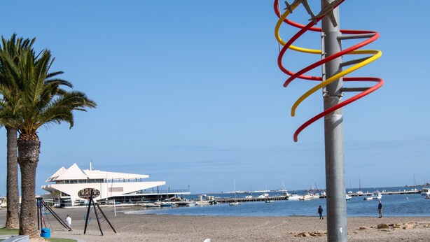 Een strand met een sculptuur, een palmboom en een gebouw op de achtergrond.