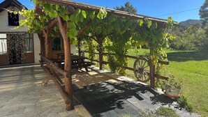 Una pergola de fusta amb enfiladeres, una banca de fusta i un paviment de pedra.