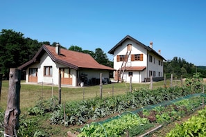 Et tosset etagehus med rødt tegltag, en indhegnet have med forskellige planter, og en stige, der fører op til øvre etage.
