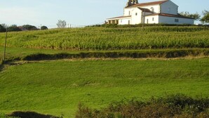 Un edificio blanco con un campanario, rodeado de campos verdes.