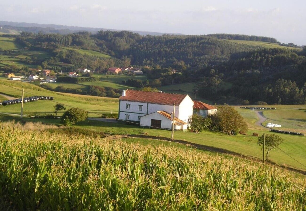A rural landscape with a white building with a red roof, surrounded by fields and distant houses.