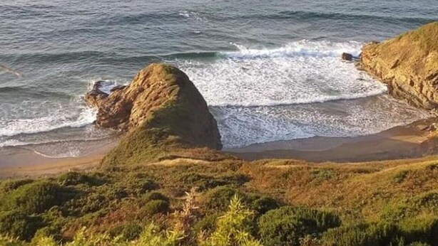 Un paisaje costero con una destacada formación rocosa, una playa de arena y vegetación densa.