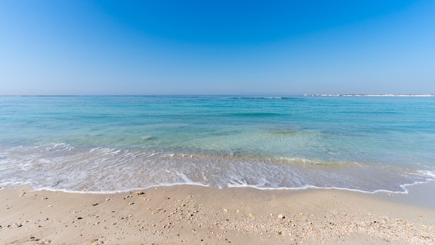 Een strand met helderblauw water, een zandstrand en een verre stadshemel.