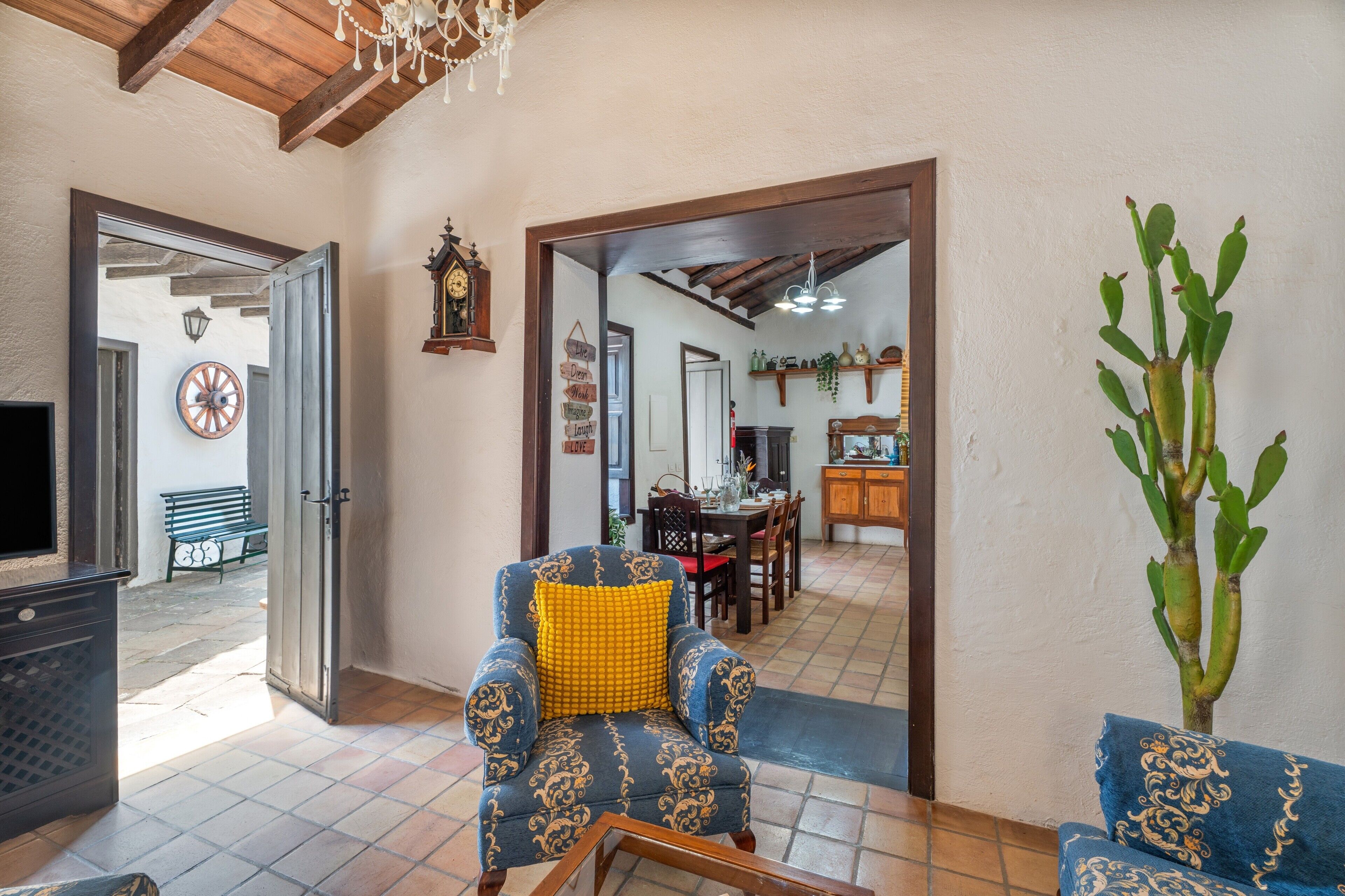 Un salon avec un canapé, une table basse, une plante en pot (un cactus) et, au fond, un coin repas.