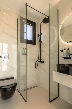 Shower, hair dryer, towels