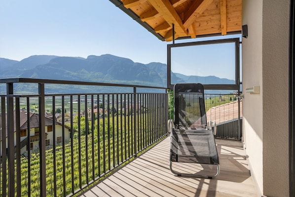 A balcony with a view of mountains and a vineyard.