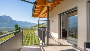 Un balcón con techo de madera, puerta de cristal y vistas a un viñedo y montañas.