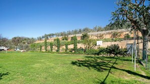 A grassy outdoor area with a basketball court, a tree, and a stone wall in the background. - Studio Apartment "Monolocale La Pineta 46" with Shared Pool, Private Terrace & Wi-Fi (Albenga)