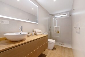 Shower, hair dryer, towels