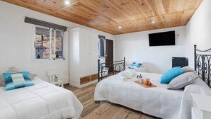 Un dormitorio con dos camas, techo de madera, paredes blancas, un televisor y una ventana con vistas.