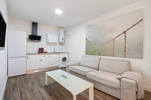 Un espace de vie compact comprenant un coin cuisine, un canapé, une table basse et un grand tableau représentant un pont.