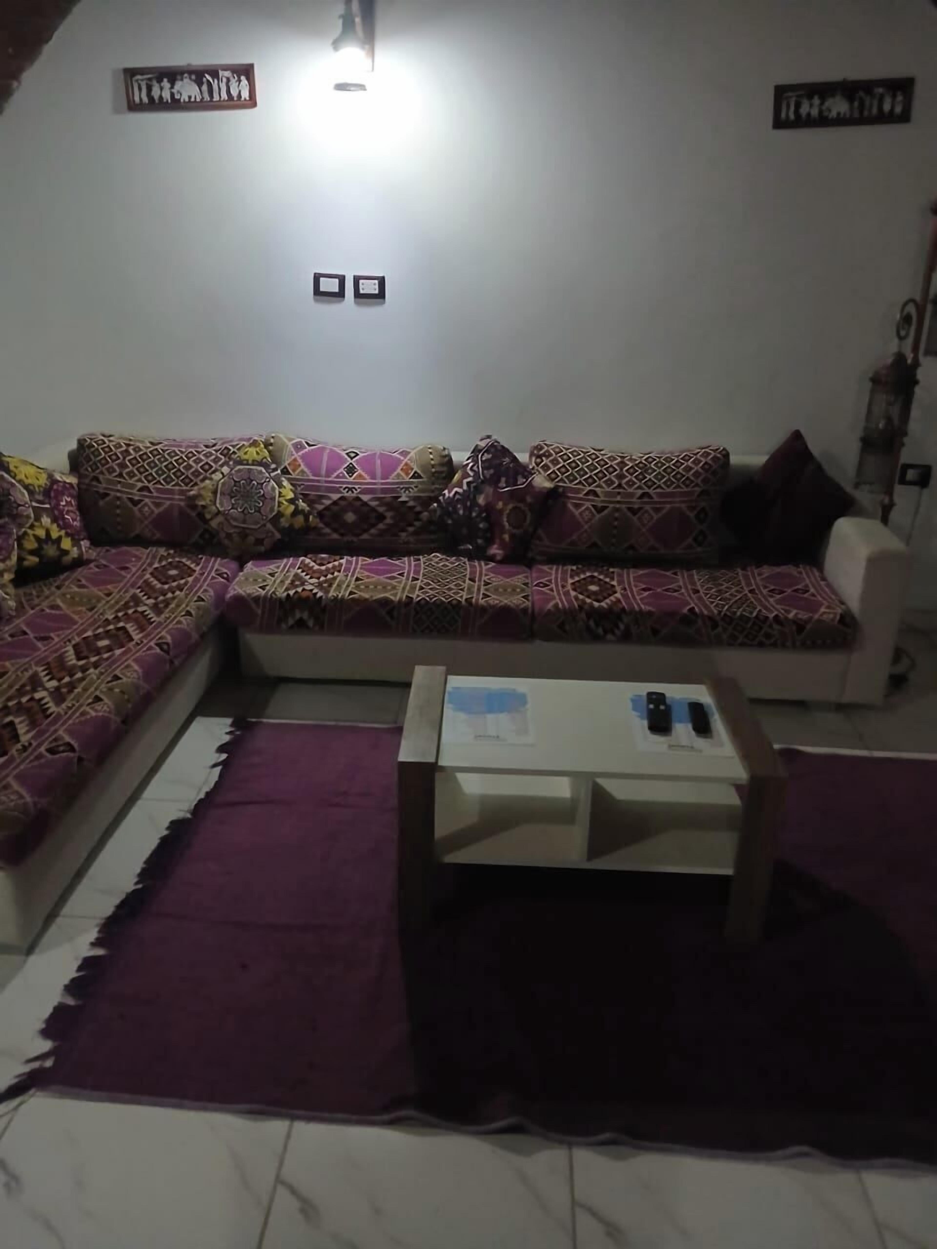 A living room with a patterned sofa, a coffee table, and a purple rug.