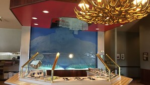 A buffet setup with a central display case, a chandelier, and a wall mural. - Young's Motel (Tok)
