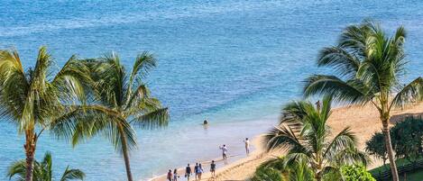 On the beach, sun-loungers, beach towels