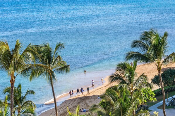 On the beach, sun-loungers, beach towels