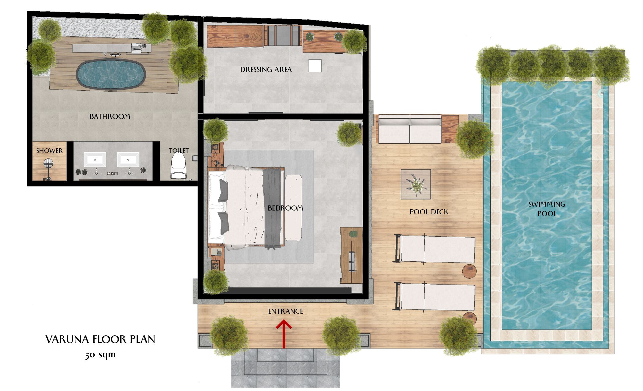 Planimetria Varuna di 50 metri quadri, con camera da letto, bagno, angolo guardaroba, terrazza con piscina e piscina.