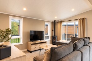 A modern living room with a flat-screen TV, a sofa, a coffee table, and a fireplace.
