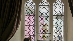 A window with a metal grille and a view of a pink building.