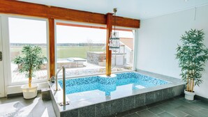Una piscina interior moderna con una vista despejada del exterior a través de grandes ventanales, techo de madera y suelo de baldosas.
