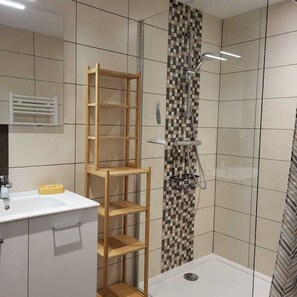 Shower, hair dryer, toilet paper