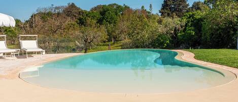 A poolside area with lounge chairs, a table with food and drinks, and a clear view of the pool.