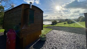 A wooden cabin with a chimney, a gas cylinder, and a potted plant. - A quiet and cosy Shepherds Hut, with wood burning fire with scenic views (Conwy)