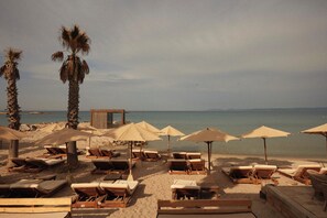 A beach with sun loungers and umbrellas, palm trees, and a view of the sea.
