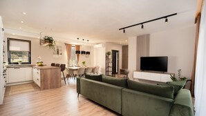 Un salon moderne avec un canapé vert, un coin repas avec une table et des chaises, une cuisine avec une fenêtre et un téléviseur fixé au mur.