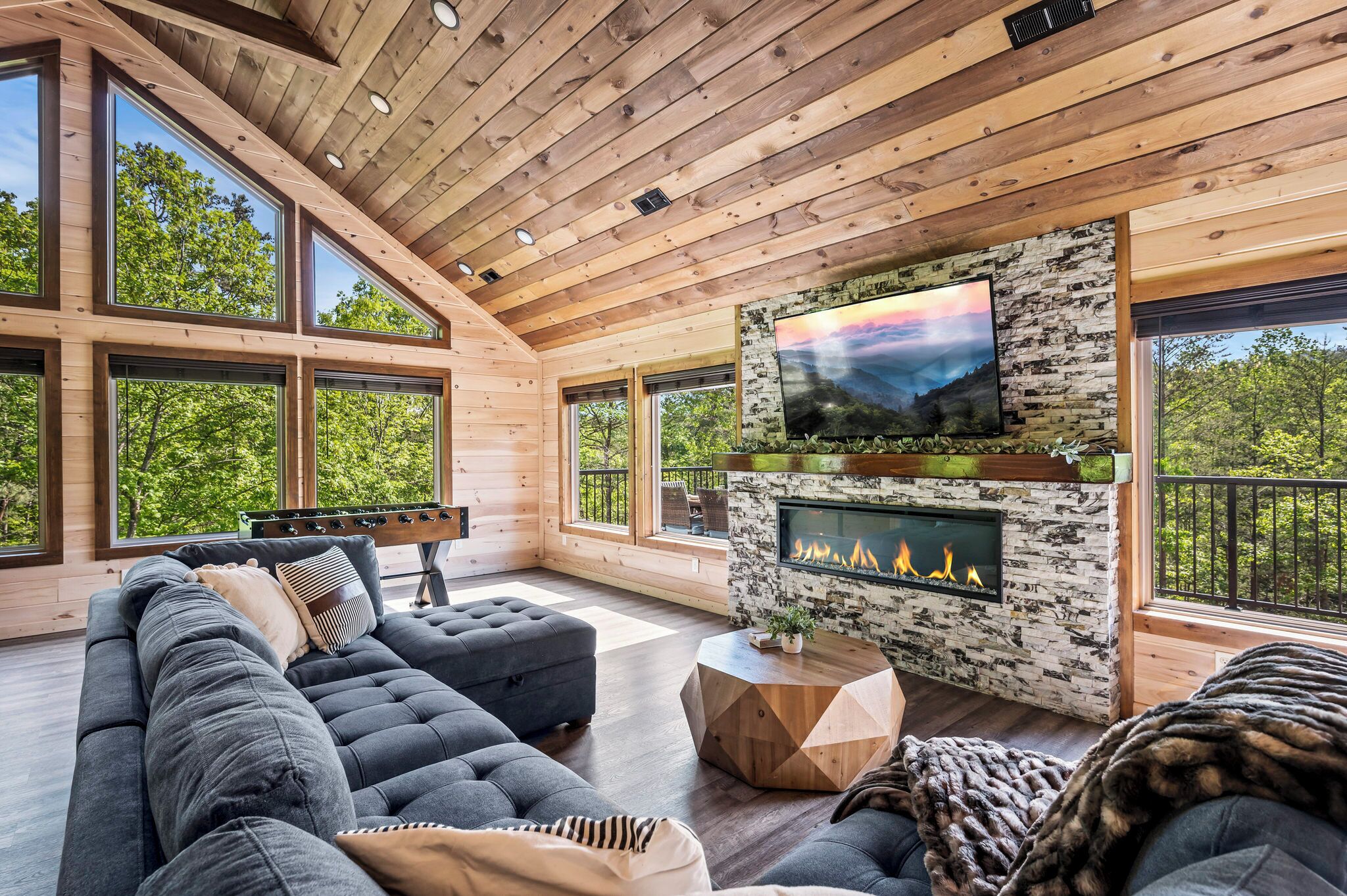 Smart TV, fireplace, video games, table football