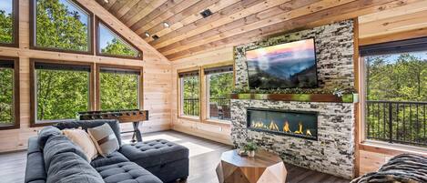 Smart TV, fireplace, video games, table football