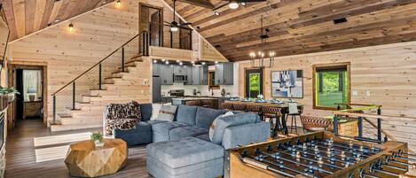 Smart TV, fireplace, video games, foosball