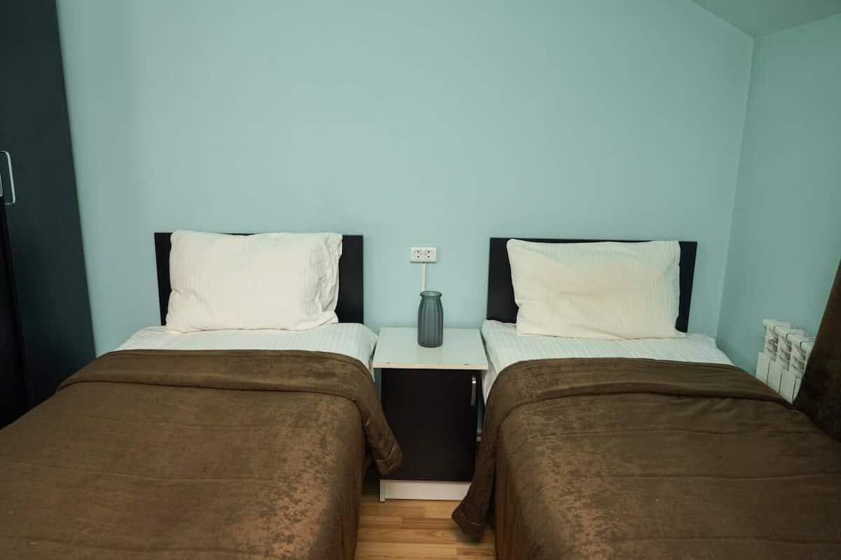 Habitación doble con dos camas, una mesita de noche con un florero y un enchufe en la pared.