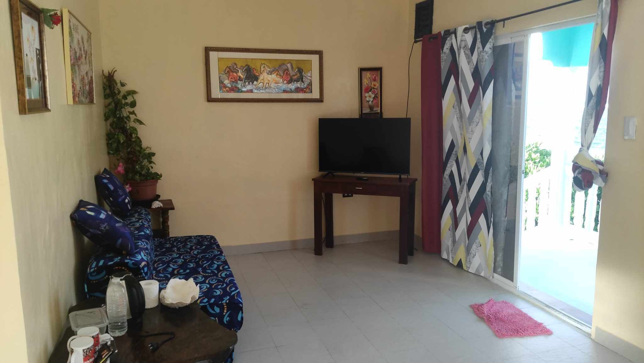 A living room with a sofa, a TV on a stand, a potted plant, and a painting on the wall.