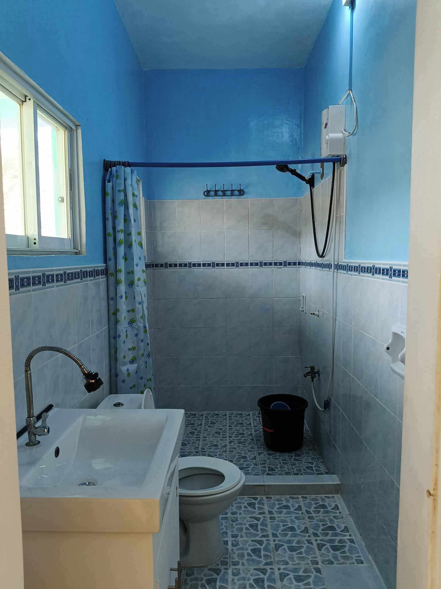 Une petite salle de bain comprenant des toilettes, un lavabo et un espace douche.
