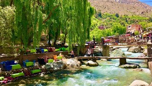 Un entorno junto al río con un puente, zonas de descanso y montañas al fondo.