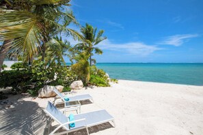 A beach with white sand and clear blue water. There are lounge chairs with blue cushions and a palm tree. - Blue Moon: Upgraded Cottage w/Sandy Beach + Backyard Snorkeling Next to Ocean Frontiers (Gun Bay)