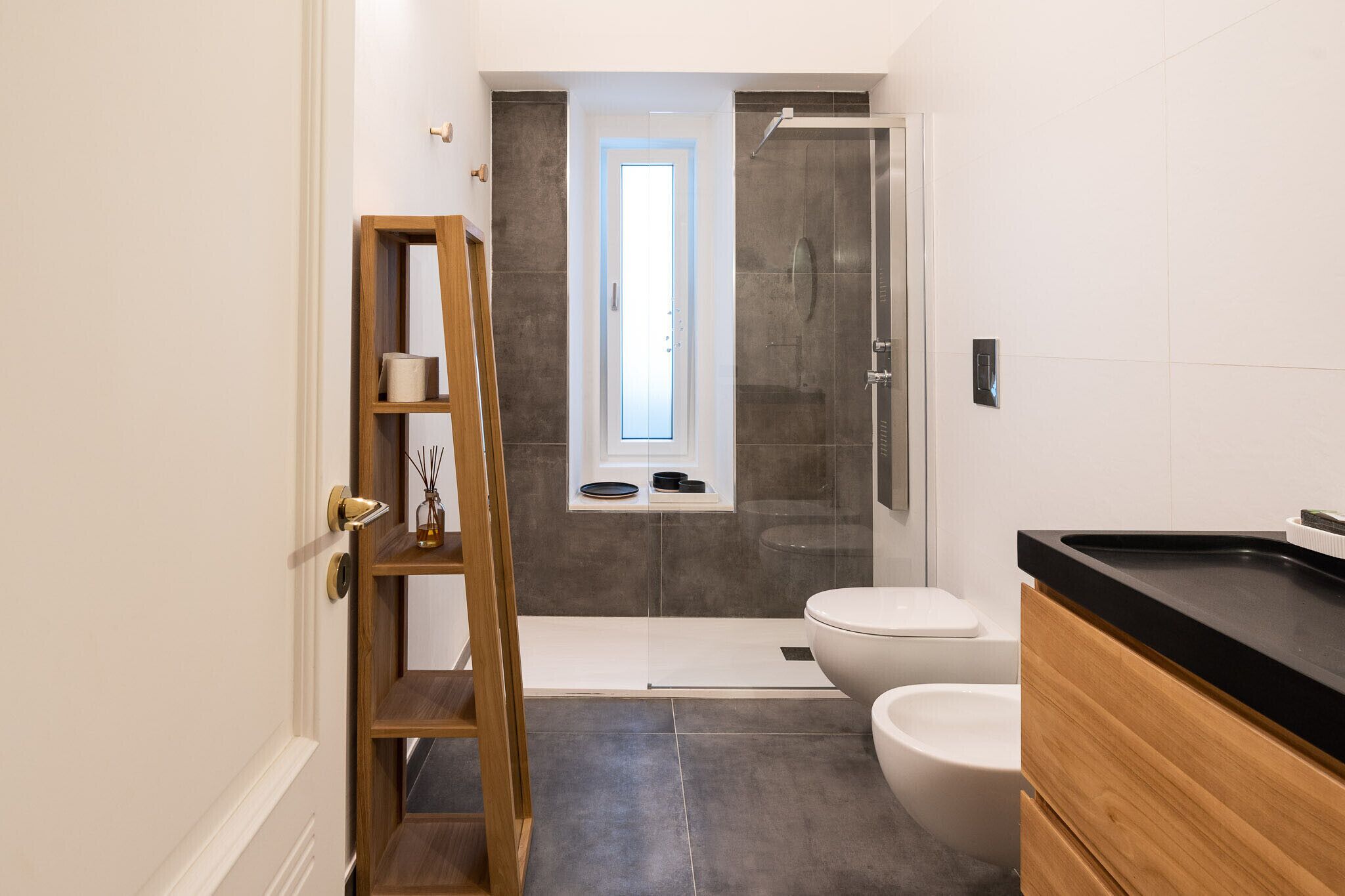 Shower, hair dryer, bidet, towels