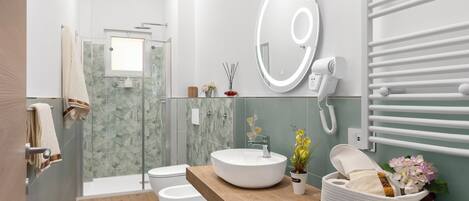 Regadera, secadora de cabello, bidet, toallas