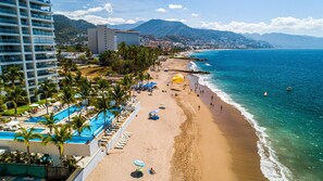 A beach resort with a swimming pool, palm trees, and a view of the ocean.