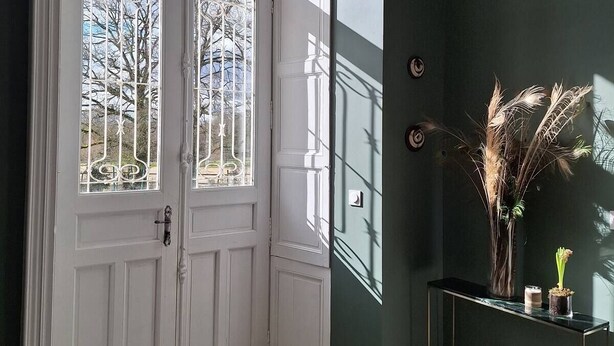 A room with a white door, a green accent wall, and a tiled floor. - Family manor house  (Bouchemaine)