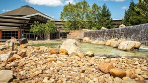 A building with a waterfall, a pool with rocks, and trees in the background. - Near Attractions-Pool Table-Hot Tub-Fire Pit (Pigeon Forge)